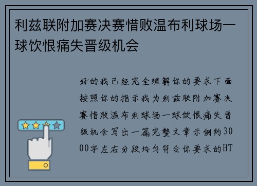 利兹联附加赛决赛惜败温布利球场一球饮恨痛失晋级机会